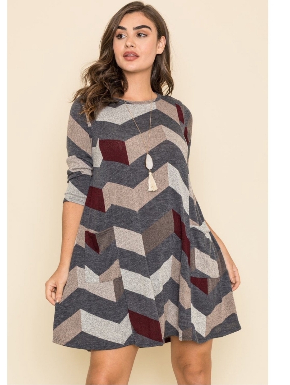 Chevron Swing Mini Dress in Charcoal, Burgundy & Taupe
